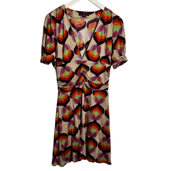 T-Bags Dress Women S Cream Brown Orange 70s Retro Geometric Mini Psychedelic - Picture 1 of 8